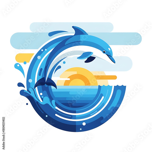 Stylized Flat Design Dolphin Jumping Through Wave Circle