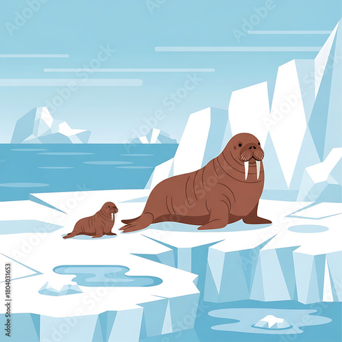 Walrus Mother and Calf on Melting Glacier