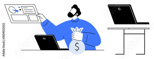 Male figure reviewing data on a chart, holding a bag with a dollar symbol near a laptop. Ideal for finance, analysis, business, income, investment, growth strategy. Clean and simple flat metaphor
