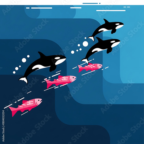 Flat Design Orca Pod Hunting Pink Salmon