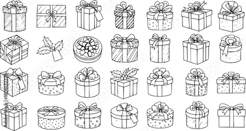 Collection of hand-drawn gift boxes and presents with bows in black and white line art style, perfect for holiday, celebration, and festive designs.