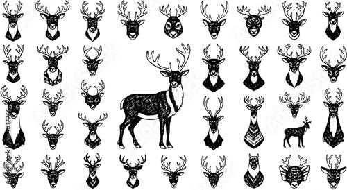 Hand-drawn Deer and Stag Head Icons Collection with Various Antlers and Full Body Sketch. Black and White Vintage Illustrations for Design.