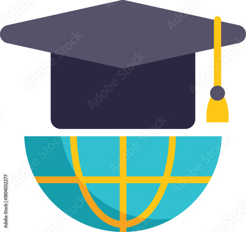 Graduation cap on half earth globe representing international education opportunities and academic achievement across the world