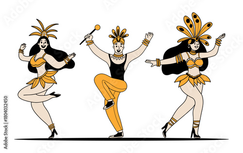 Carnival Happy Dancers Man and Girls in Masquerade Costumes with Feathers. Isolated Color Hand drawing Doodle. Vector Illustration. Festive Party, holiday and rhythmic celebration. Not AI