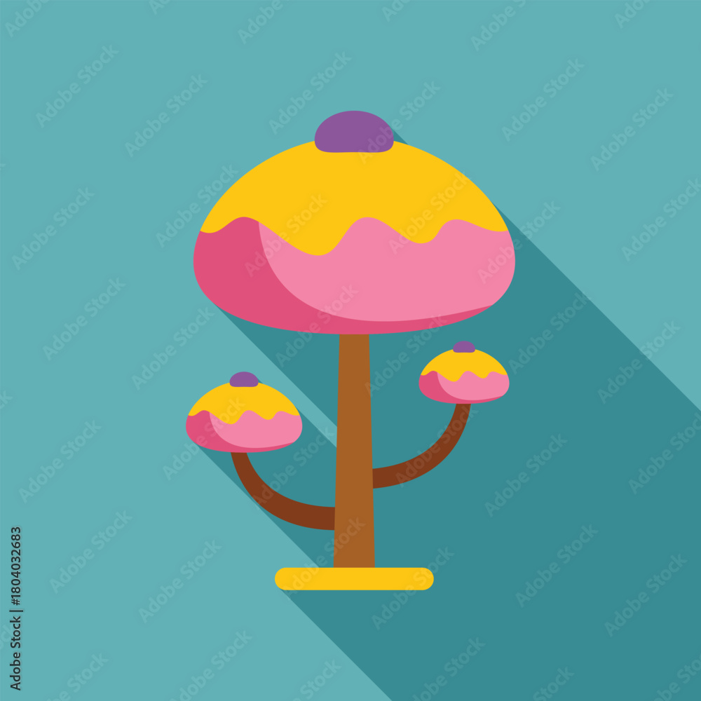 Naklejka premium Pink and yellow candy mushrooms growing on a fantasy tree with long shadow on turquoise background, representing sweetness, imagination, and childhood joy