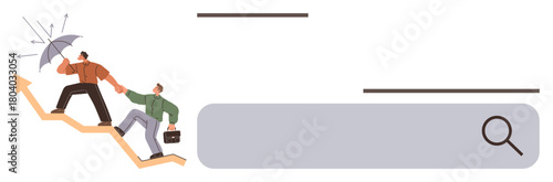 Two individuals climbing an upward arrow symbolizing progress one holds an umbrella blocking arrows while helping another holding a briefcase. Ideal for leadership, teamwork, support, protection