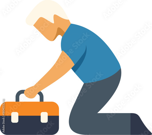 Handyman kneeling and carefully picking up his toolbox, preparing to start his workday