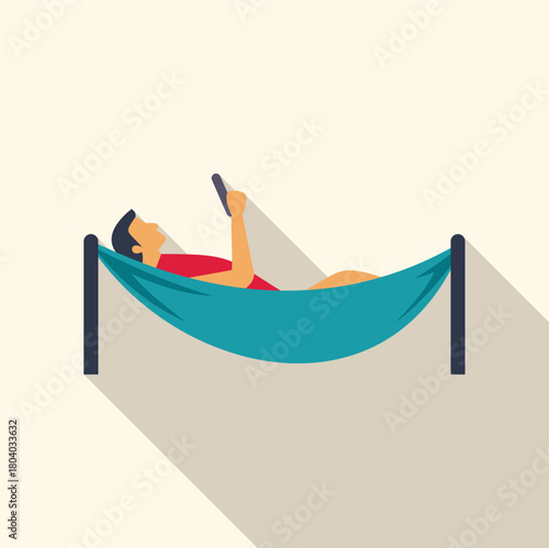 Man relaxing in hammock reading electronic book with long shadow