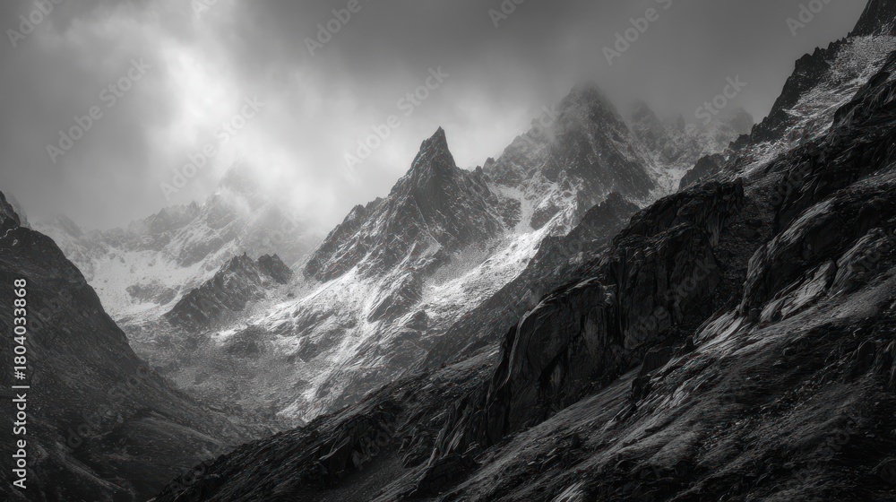 Obraz premium Dramatic monochrome landscape of snow-dusted mountain peaks under a cloudy sky