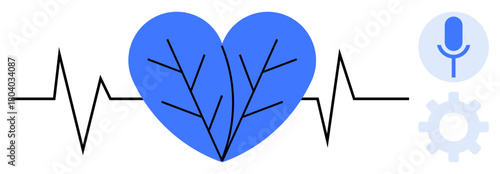 Blue heart with branching veins connected to heartbeat line. Microphone and gear icons represent health tech, communication, innovation. Ideal for wellness, AI, healthcare, tech, monitoring