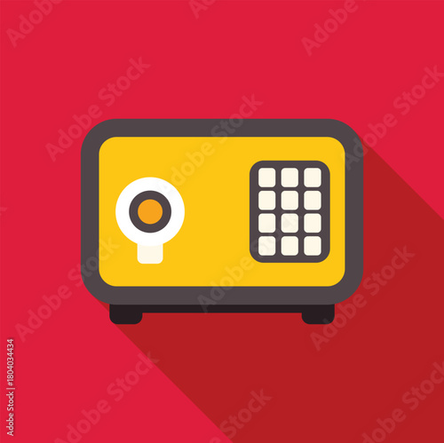 Yellow metallic safe box with numeric keypad and combination lock, casting long shadow on red background, symbolizing financial security and data protection