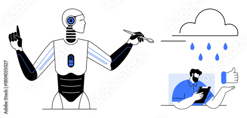 Robot operating futuristic tools, stylized human using tablet, thumbs up gesture, raindrops, cloud. Ideal for artificial intelligence, automation, innovation, data analytics technology futuristic