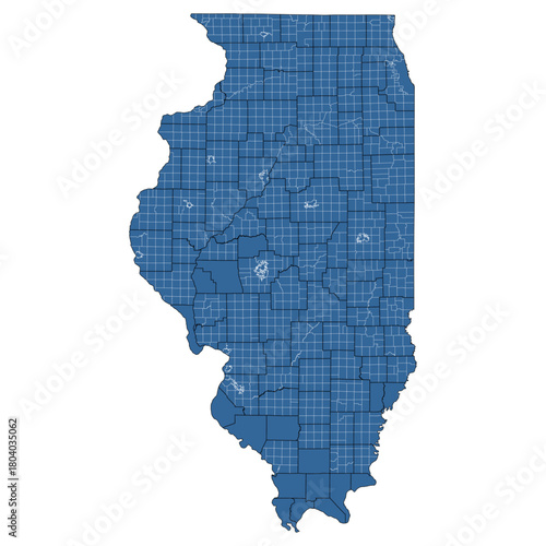 Vector outline map of Illinois state divided into counties and townships