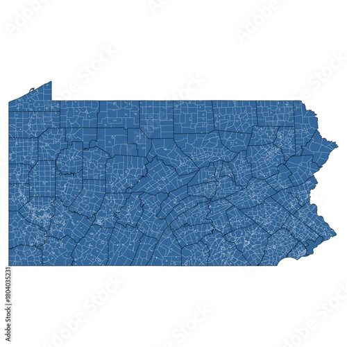 Vector outline map of Pennsylvania state divided into counties and townships