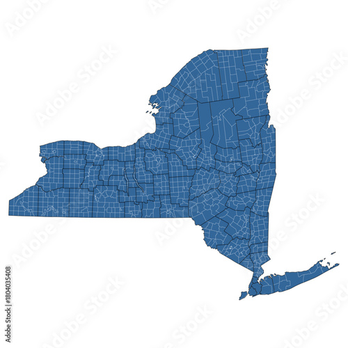 Vector outline map of New York state divided into counties and townships