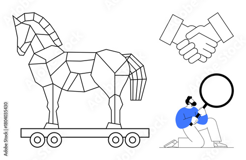 Geometric Trojan horse on wheels, handshake gesture in outline, person kneeling with magnifying glass. Ideal for trust, cybersecurity, partnership, analysis, deception observation teamwork. Minimal