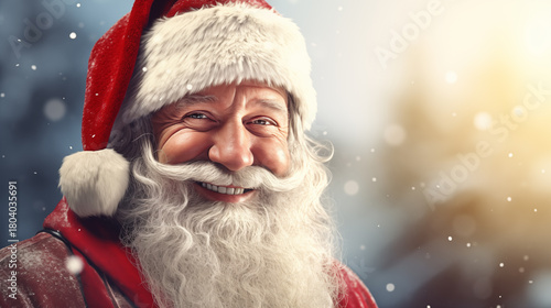 Santa Claus Wearing a hat. A Christmas card Greeting template. Winter holiday background with golden confetti. Festive, Joyful. worth it.