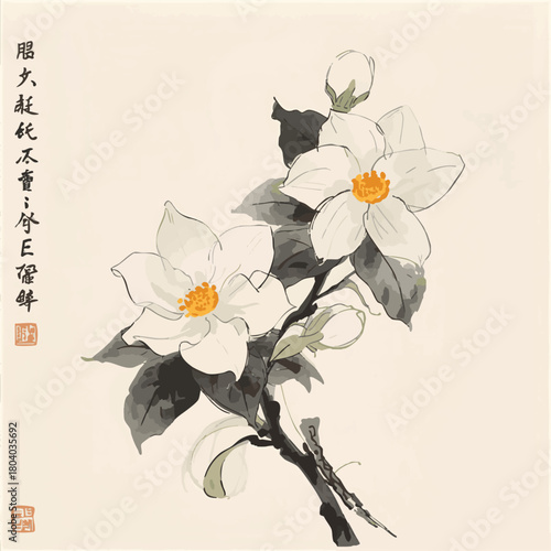 White camelia flowers on white glowing background. Traditional oriental ink painting sumi-e, u-sin, go-hua. Translation of hieroglyph - clarity.