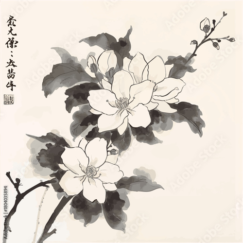 White camelia flowers on white glowing background. Traditional oriental ink painting sumi-e, u-sin, go-hua. Translation of hieroglyph - clarity.