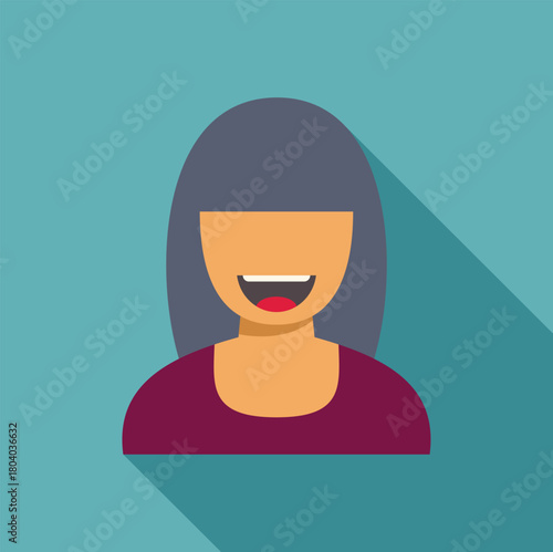 Flat design illustration of a happy woman with gray hair and purple shirt, smiling on a turquoise background