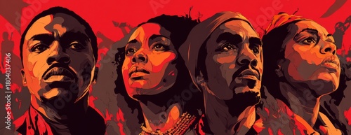 Group of black activists looking determined against red background for heritage month  