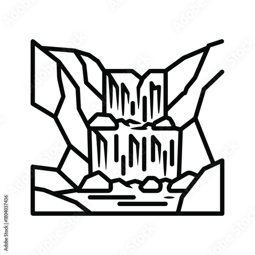 Stylized line art illustration of a waterfall cascading down rocky cliffs
