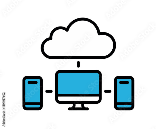 A computer monitor and two smartphones are connected to a cloud icon representing cloud computing.