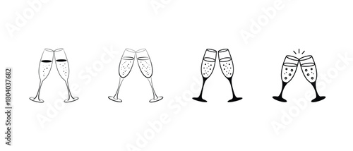 Champagne toast clinking glasses icon set, Celebration, Wedding, Party, and new year event symbol