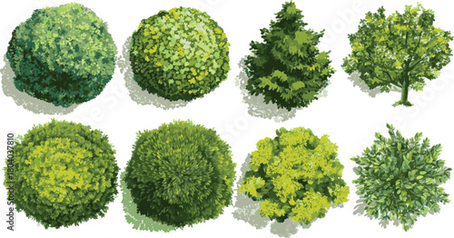 Set of vector green tree top views, landscape design elements, isolated on a transparent background. vector illustration