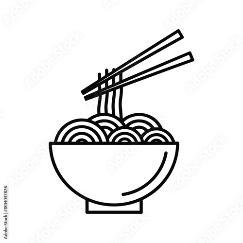 Simple line art icon of noodles in a bowl with chopsticks