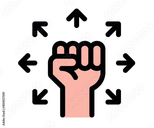 A raised fist symbolizing power and strength with arrows pointing outwards indicating influence and direction.