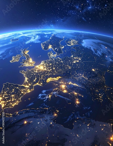 A vibrant nighttime view of Europe from space, showcasing illuminated cities against the dark blue sea and sky, stars are visible