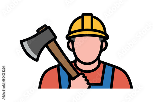 A person wearing a hard hat and overalls holds an axe, ready for work.