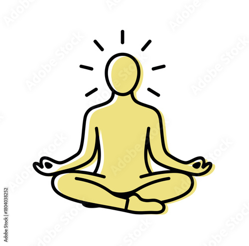 A stylized illustration of a person meditating in a lotus position with radiating light symbolizing inner peace and enlightenment.
