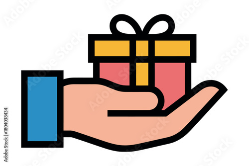 A hand holds out a gift box with a ribbon on a white background, representing giving and receiving.