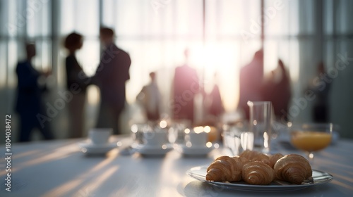 Elegant breakfast setting with croissants on a plate, coffee cups, and juice, while blurred silhouettes of business people engage in conversation during a morning meeting