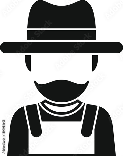 Black and white icon representing a farmer wearing overalls and a hat, symbolizing agriculture, farming, and rural life