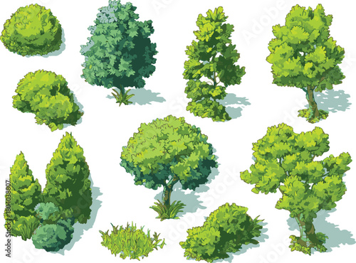 Set of flat vector top-view green bushes, trees, and grass for landscape design plans elements, isolated on a transparent background