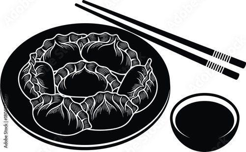 Black and white illustration of a donut with chopsticks and dipping sauce