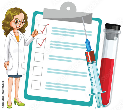 Female Scientist with Checklist, Syringe, and Blood Sample