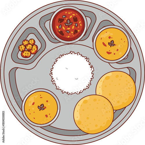 Circular tray with colorful food compartments arranged around a central hole