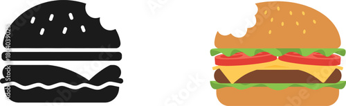 Bitten hamburger icon and realistic illustration side by side