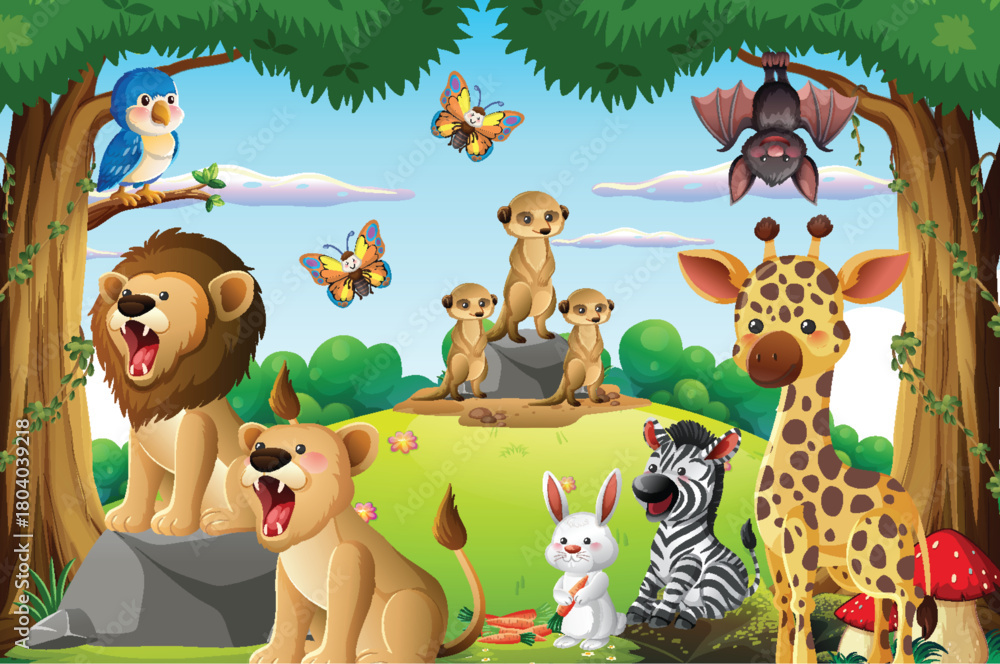 Naklejka premium Cartoon Jungle Animals Gathering in Lush Forest Clearing