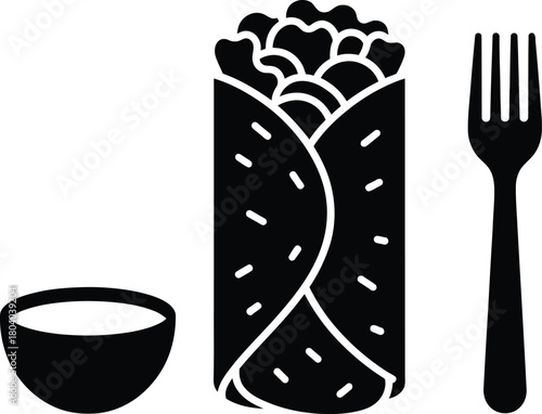 Simple black silhouette of a burrito with a side of sour cream and a fork