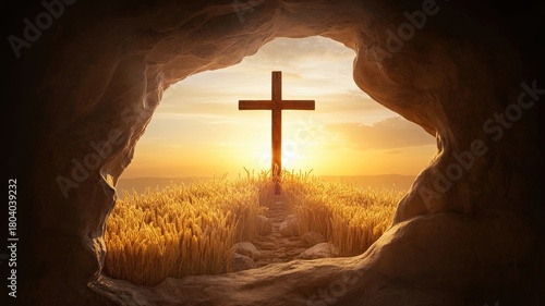 Wooden cross stands tall in golden field viewed from cave with faith hope and love