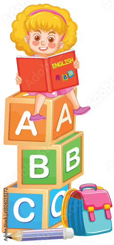 Young Girl Reading English Book on Alphabet Blocks