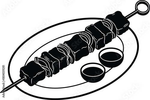 Hand drawn illustration of a meat skewer with dipping sauce on a plate