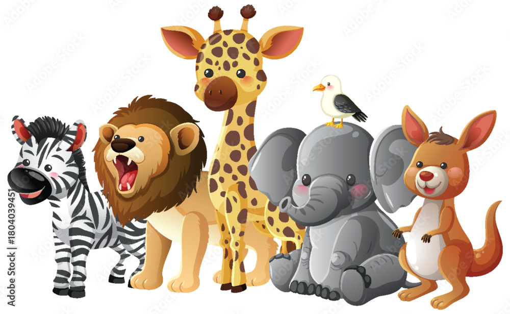 Naklejka premium Cartoon Safari Animals Grouped Together on White Background