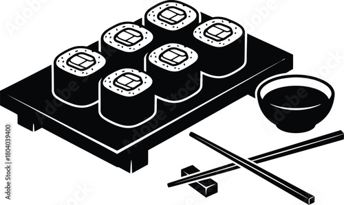 Sushi platter with chopsticks and soy sauce dish on white background