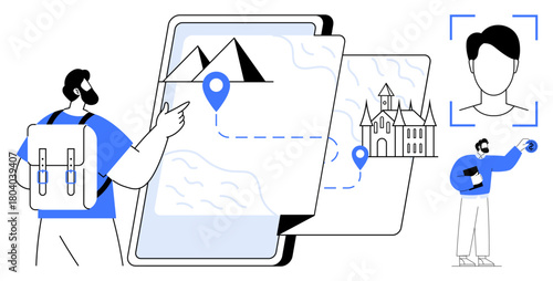 Traveler with backpack pointing at a smartphone showing a map with landmarks. Includes facial recognition and small character holding a globe. Ideal for technology, travel, navigation, planning